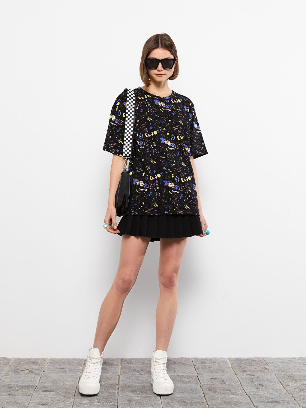 Tricou din Bumbac cu Guler Rotund, Cu Model, Mânecă Scurtă, pentru Femei