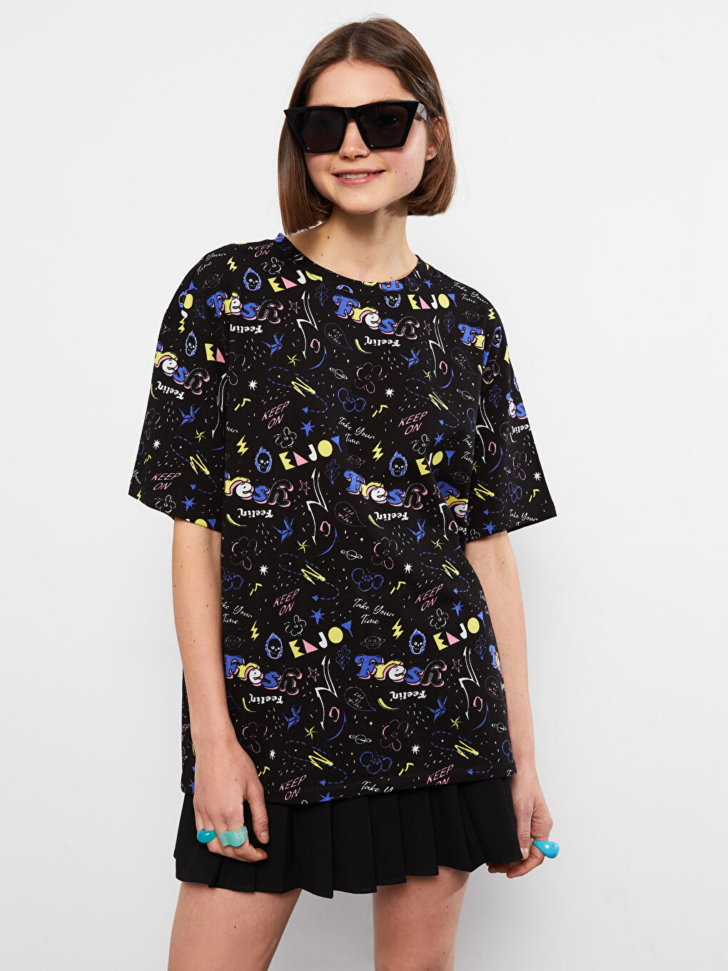 Tricou din Bumbac cu Guler Rotund, Cu Model, Mânecă Scurtă, pentru Femei-1