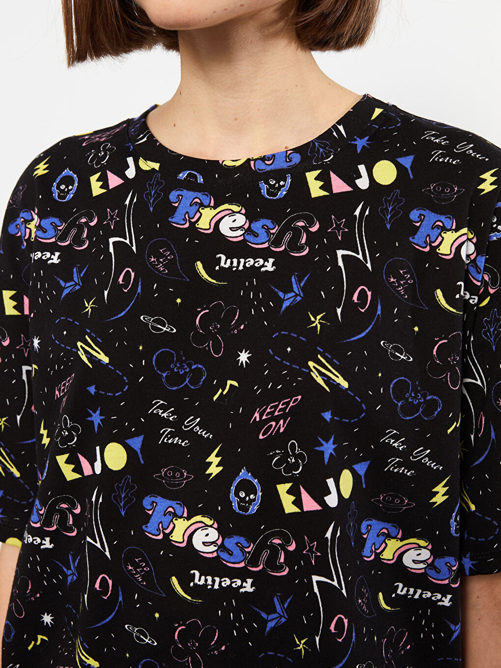 Tricou din Bumbac cu Guler Rotund, Cu Model, Mânecă Scurtă, pentru Femei-3