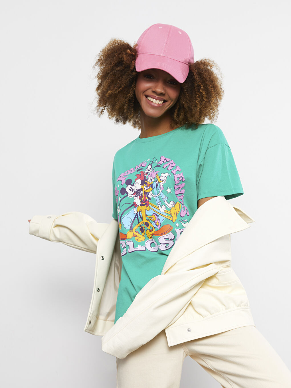 Yeşil Bisiklet Yaka Mickey Mouse Baskılı Kısa Kollu Kadın Tişört-1