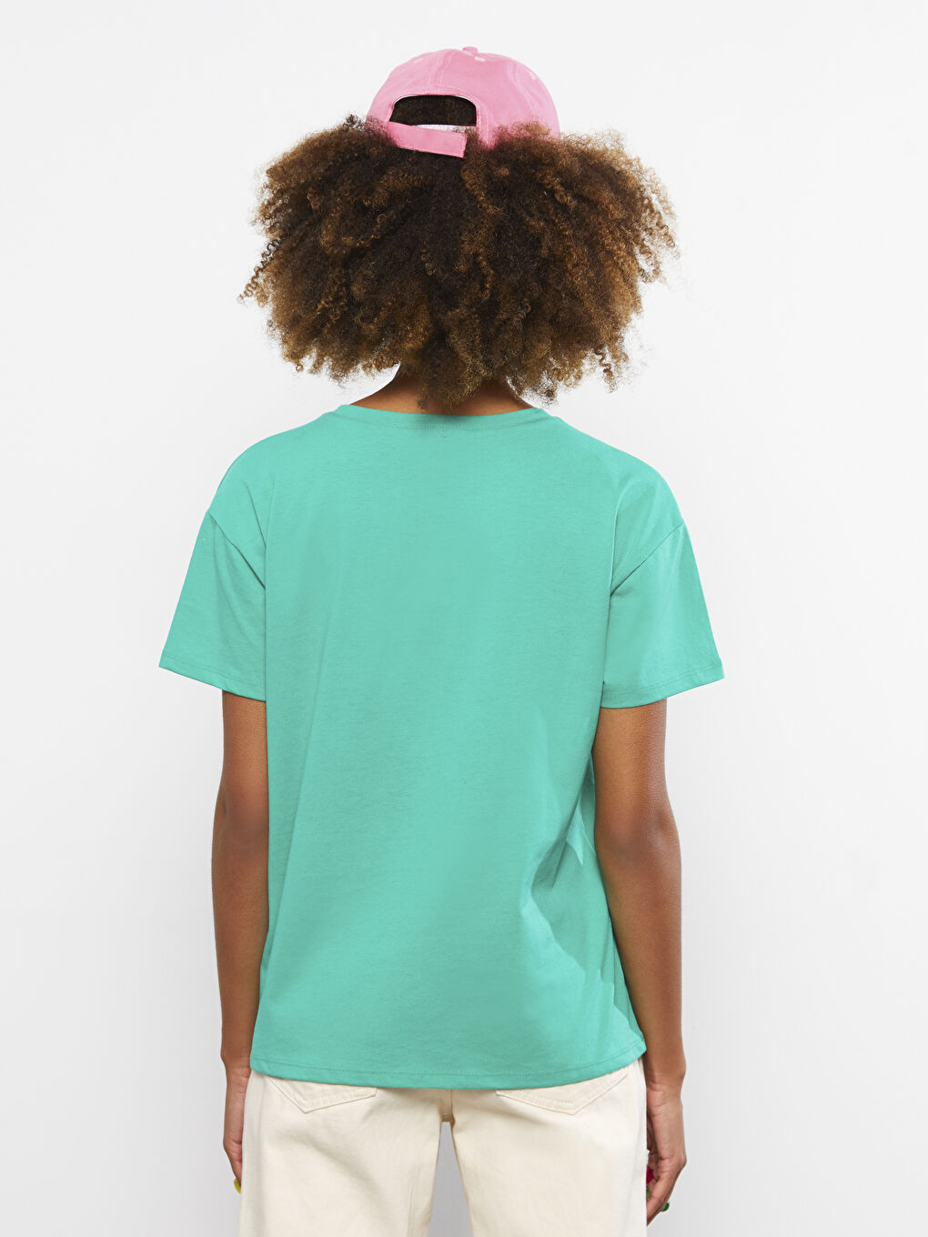 Yeşil Bisiklet Yaka Mickey Mouse Baskılı Kısa Kollu Kadın Tişört-4