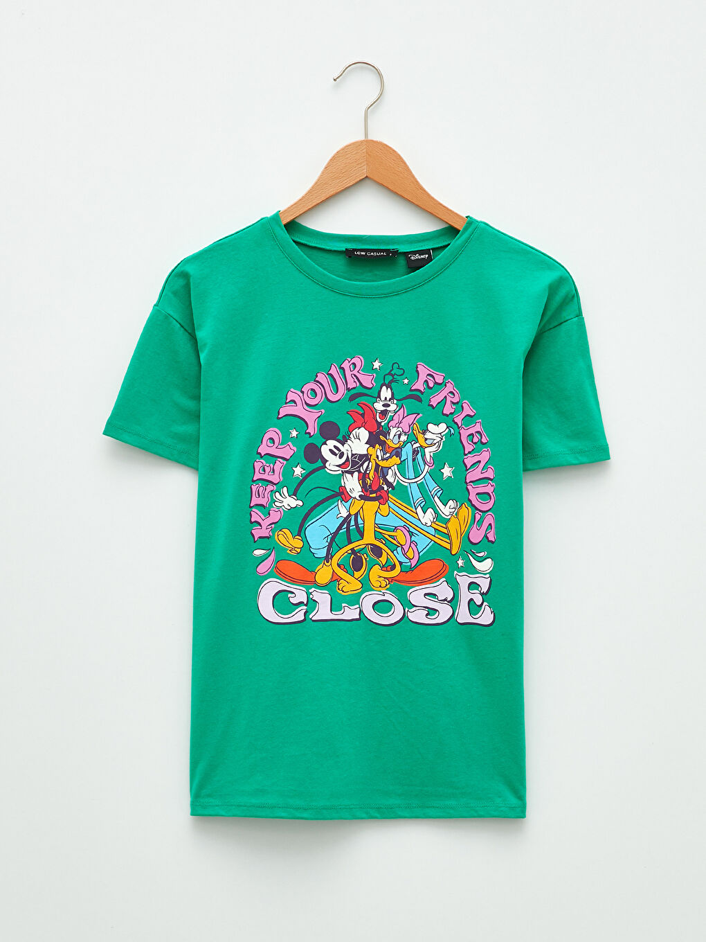 Yeşil Bisiklet Yaka Mickey Mouse Baskılı Kısa Kollu Kadın Tişört-5