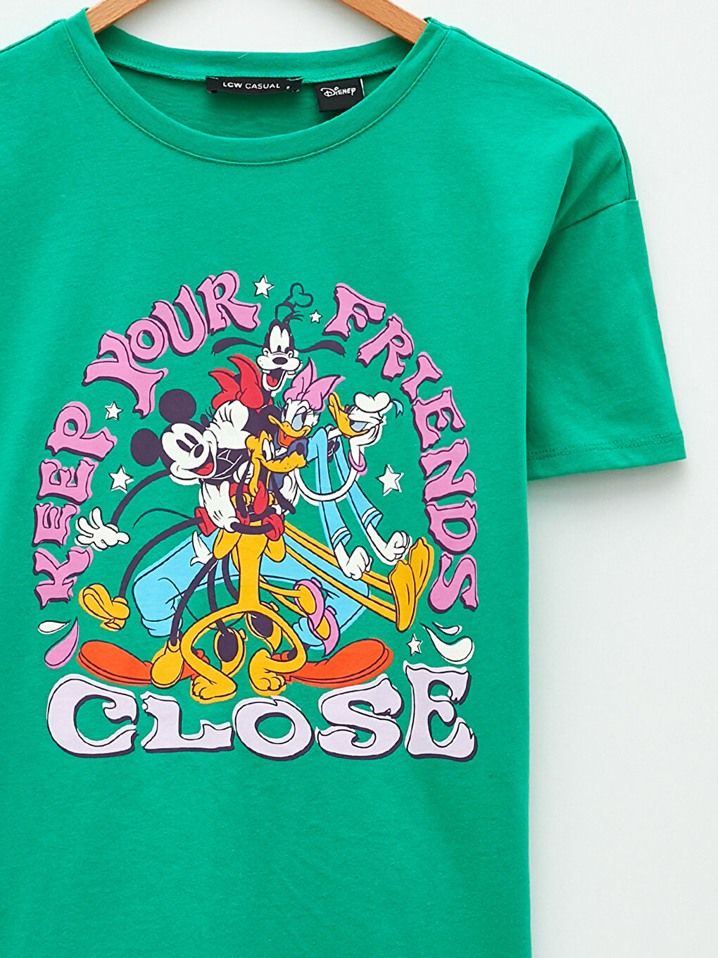 Yeşil Bisiklet Yaka Mickey Mouse Baskılı Kısa Kollu Kadın Tişört-7