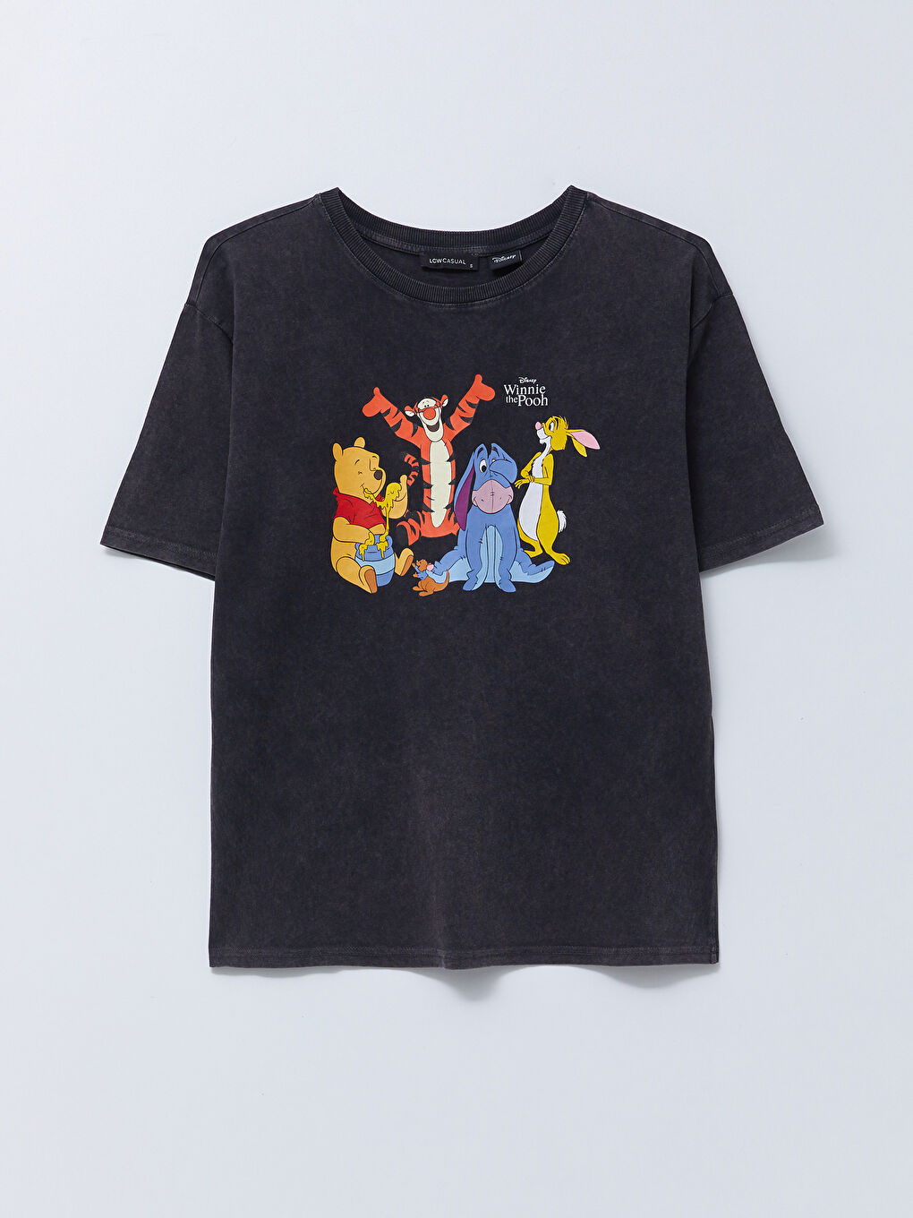 Antrasit Bisiklet Yaka Winnie the Pooh Baskılı Kısa Kollu Pamuklu Kadın Tişört