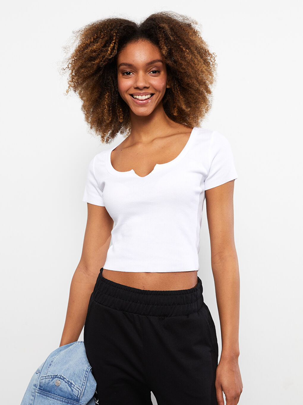 Crop Top Simplu cu Mânecă Scurtă și Guler Rotund pentru Femei-2