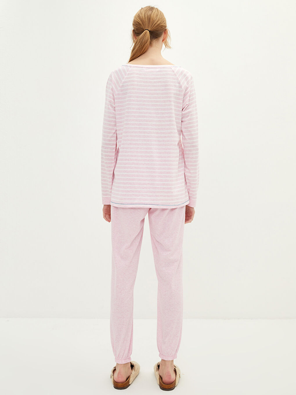 Pembe Bisiklet Yaka Çizgili Uzun Kollu Kadın Pijama Takımı-5