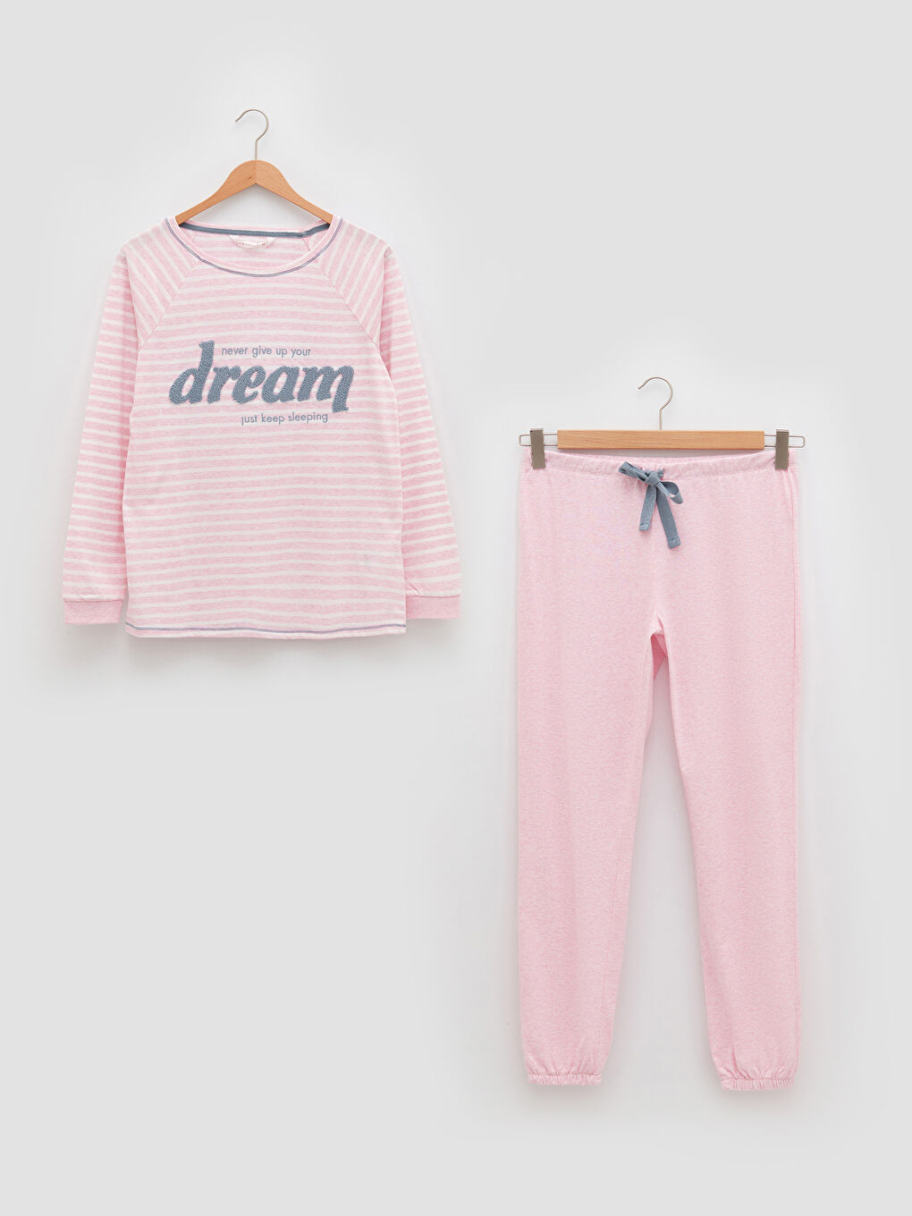 Pembe Bisiklet Yaka Çizgili Uzun Kollu Kadın Pijama Takımı-6