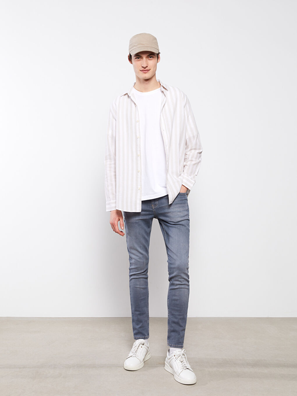 Gri Regular Fit Uzun Kollu Çizgili Poplin Erkek Gömlek