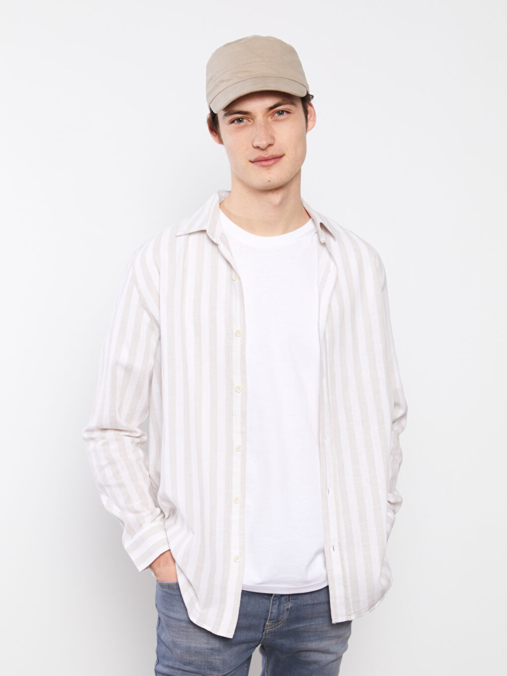 Gri Regular Fit Uzun Kollu Çizgili Poplin Erkek Gömlek-1