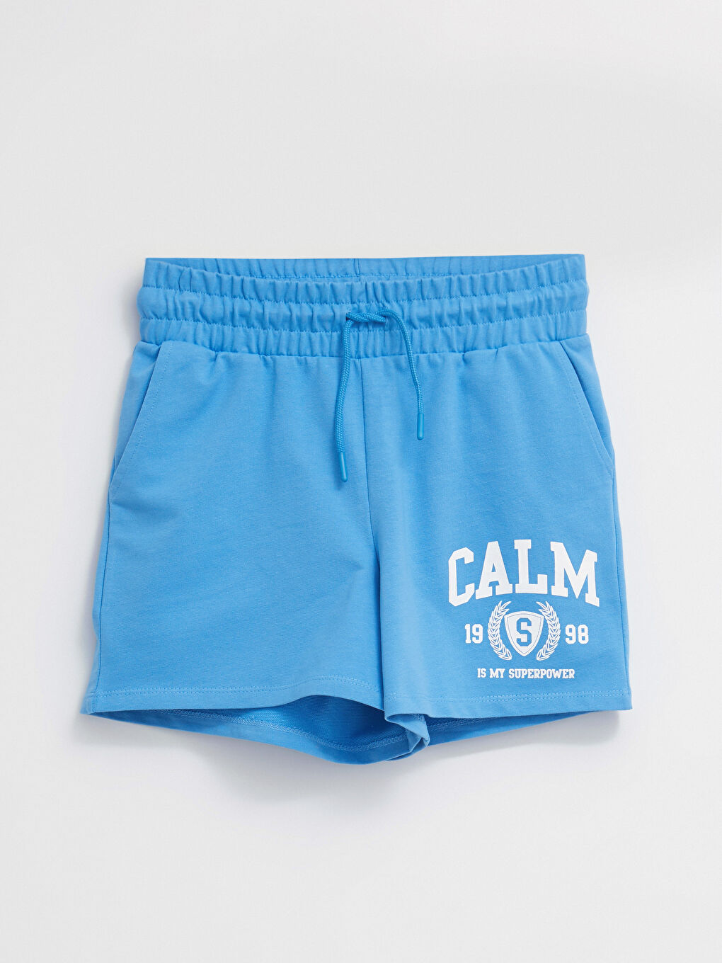 Mavi Beli Lastikli Baskılı Cep Detaylı Pamuklu Kadın Bermuda Şort