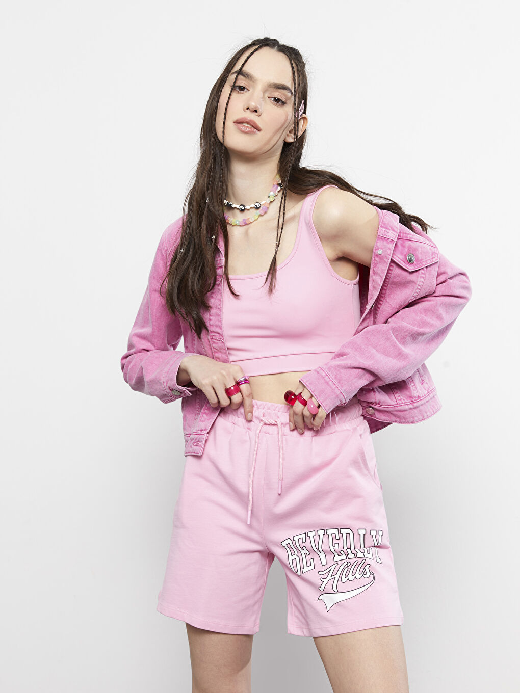 Pembe Beli Lastikli Baskılı Cep Detaylı Pamuklu Kadın Bermuda Şort-2