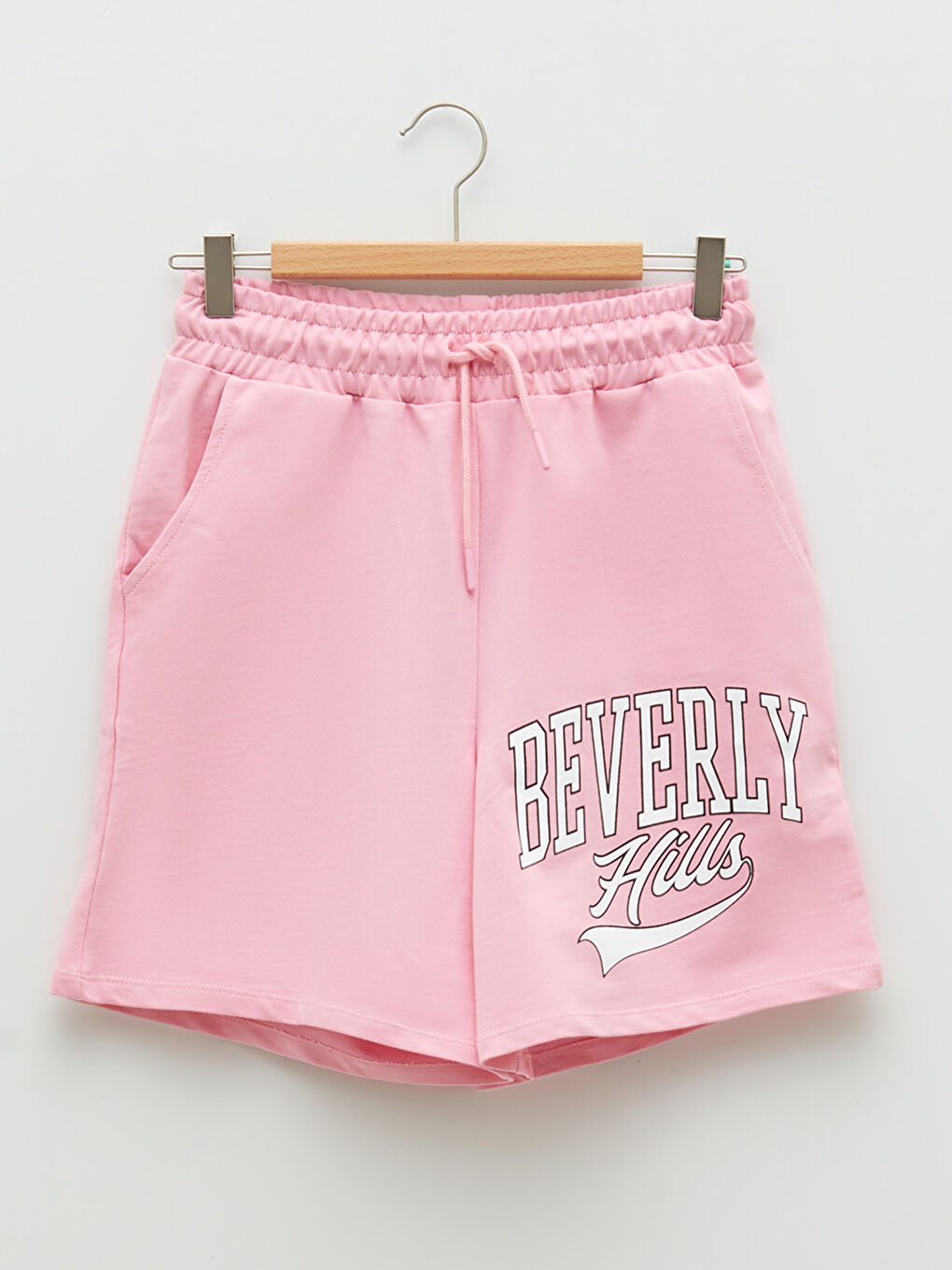 Pembe Beli Lastikli Baskılı Cep Detaylı Pamuklu Kadın Bermuda Şort-5