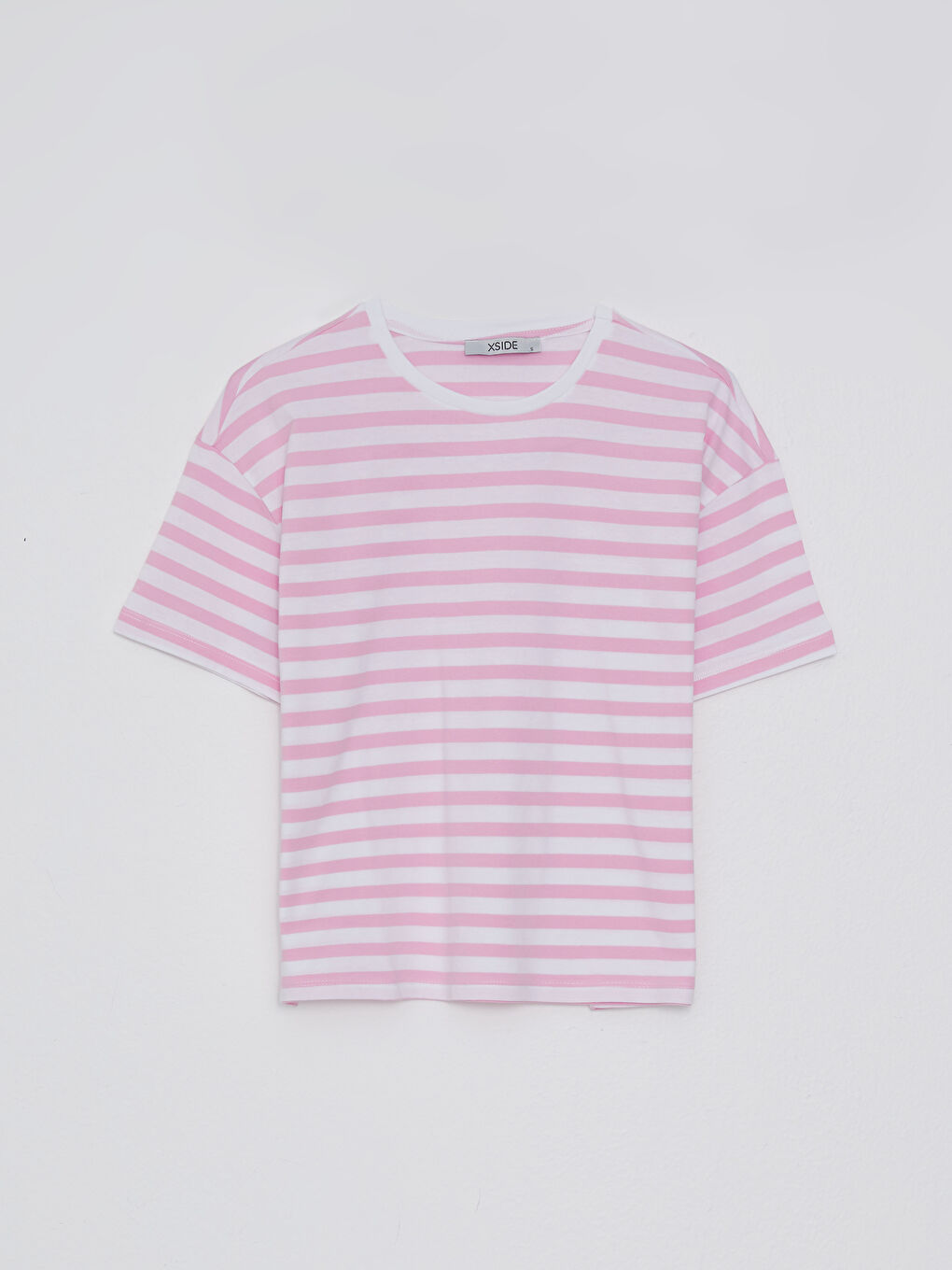 Pembe Bisiklet Yaka Çizgili Kısa Kollu Kadın Crop-5