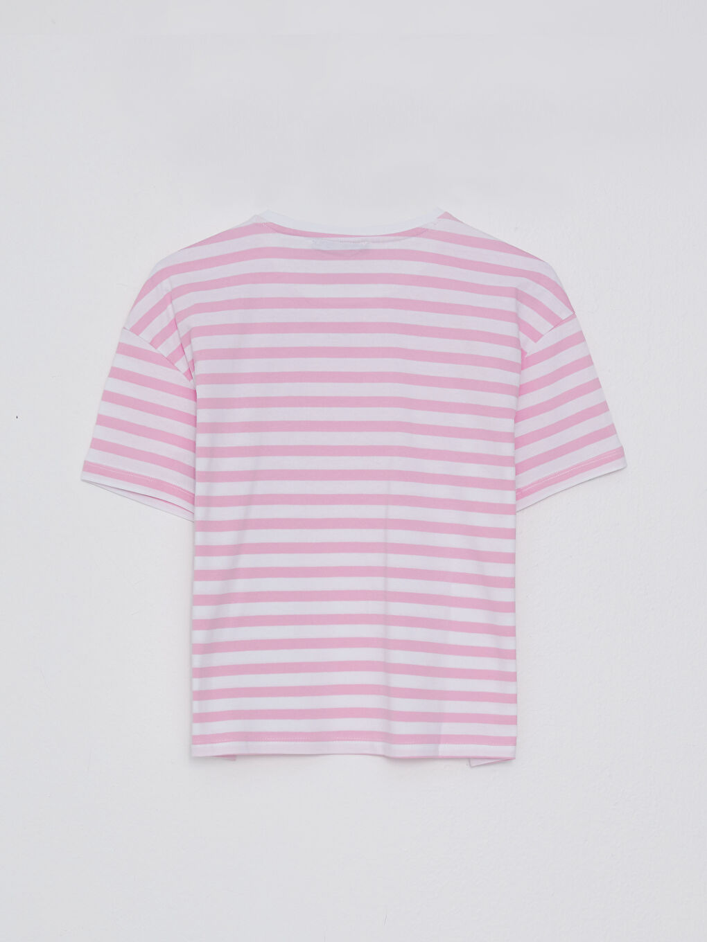 Pembe Bisiklet Yaka Çizgili Kısa Kollu Kadın Crop-6