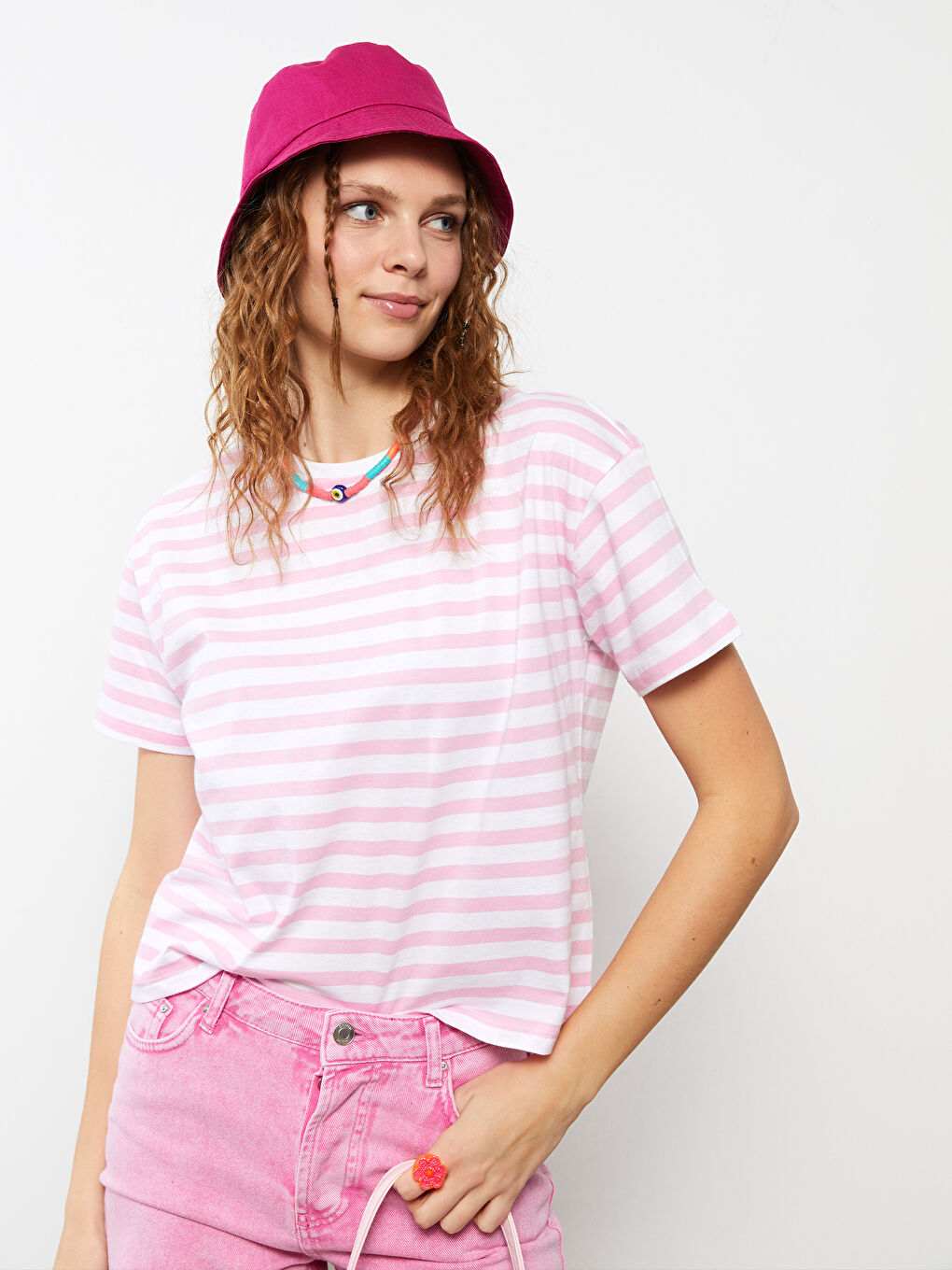 Pembe Bisiklet Yaka Çizgili Kısa Kollu Kadın Crop-1