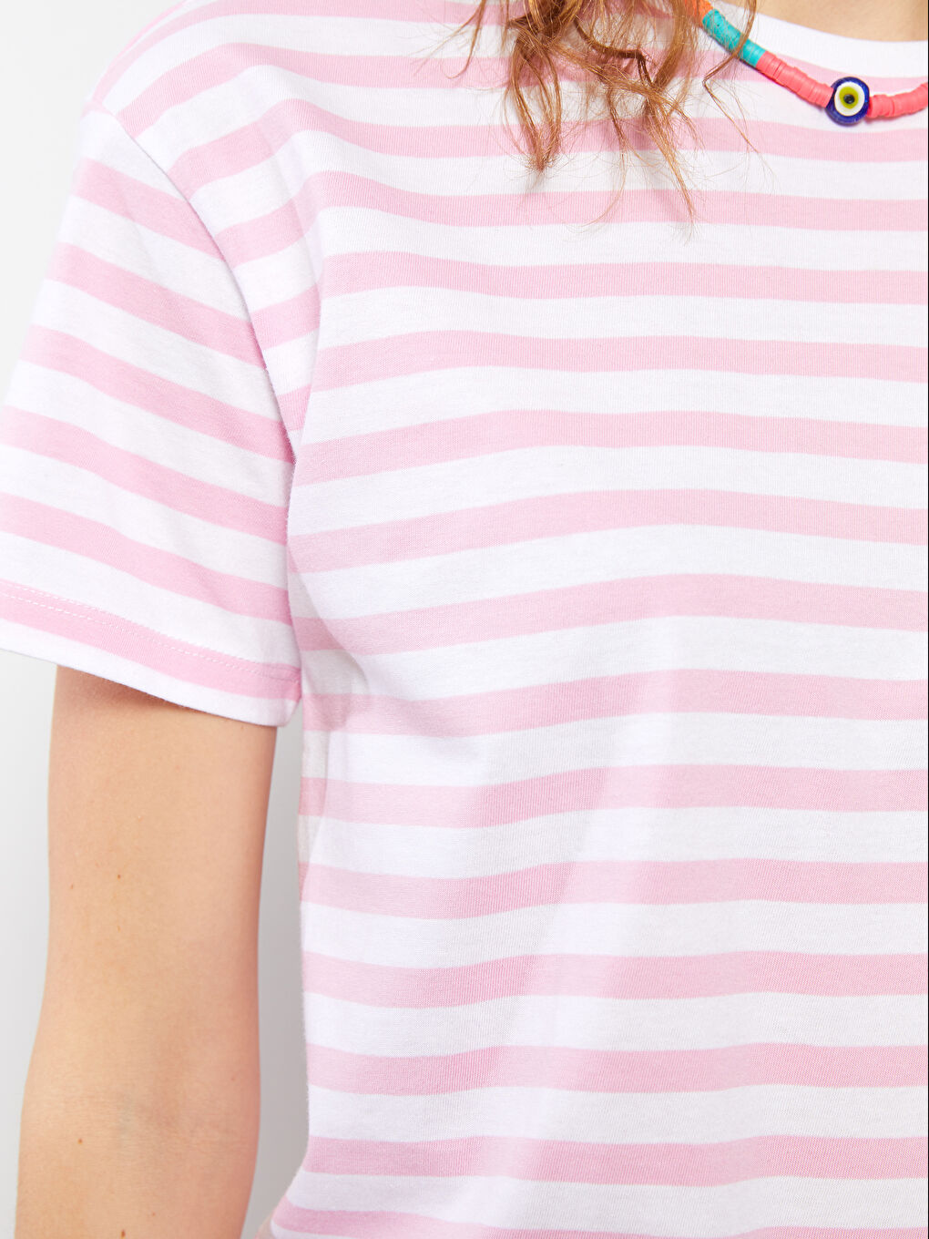 Pembe Bisiklet Yaka Çizgili Kısa Kollu Kadın Crop-3