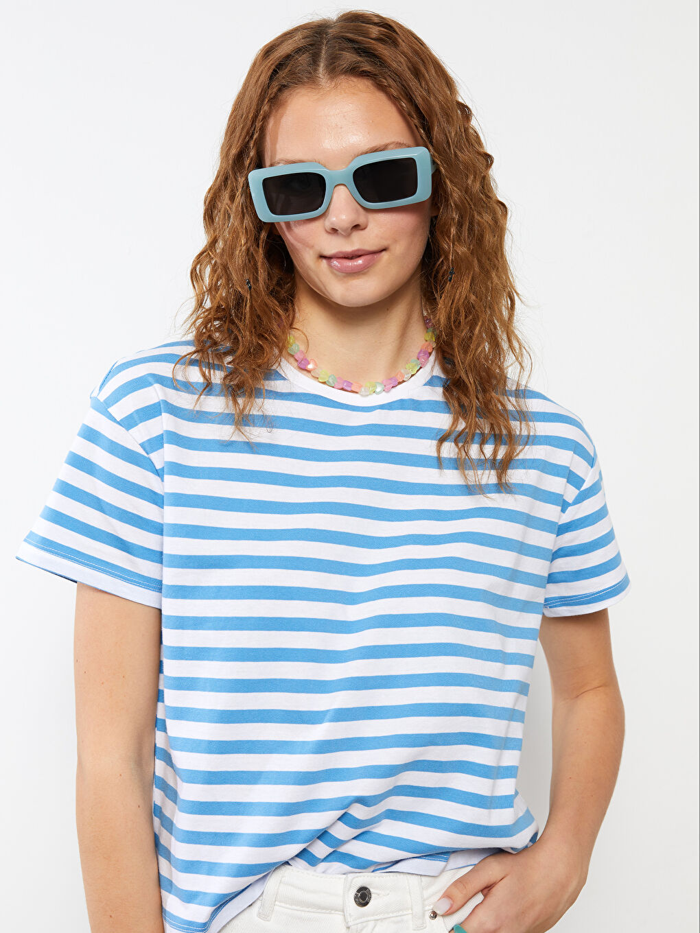 Crew Neck Striped Short Sleeve Women's Crop Top-1