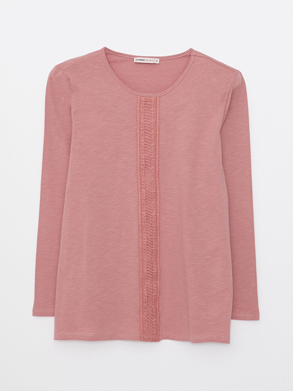Pembe Bisiklet Yaka Nakışlı Uzun Kollu Pamuklu Kadın Tişört-5