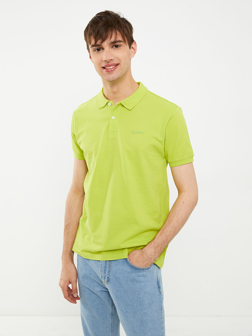 Yeşil Polo Yaka Kısa Kollu Nakışlı Erkek Tişört