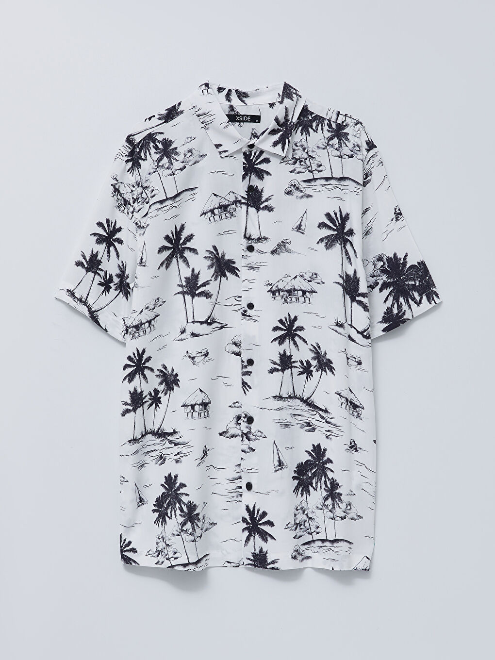 Beyaz Regular Fit Kısa Kollu Desenli Viskon Erkek Gömlek-5