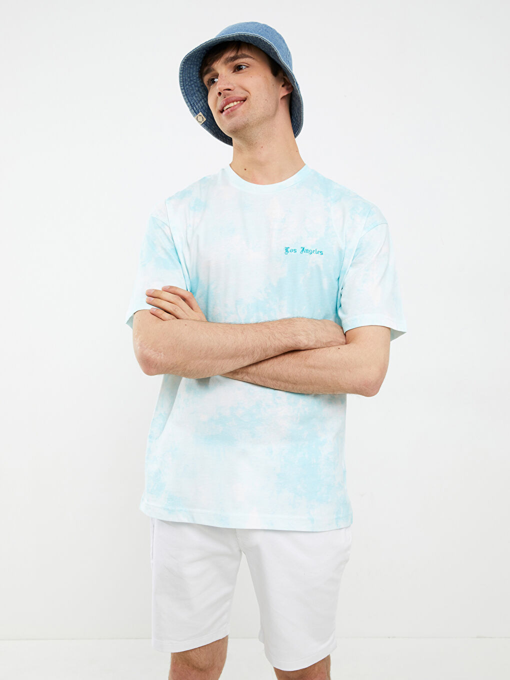 Turkuaz Oversize Bisiklet Yaka Kısa Kollu Nakışlı Erkek Tişört-1