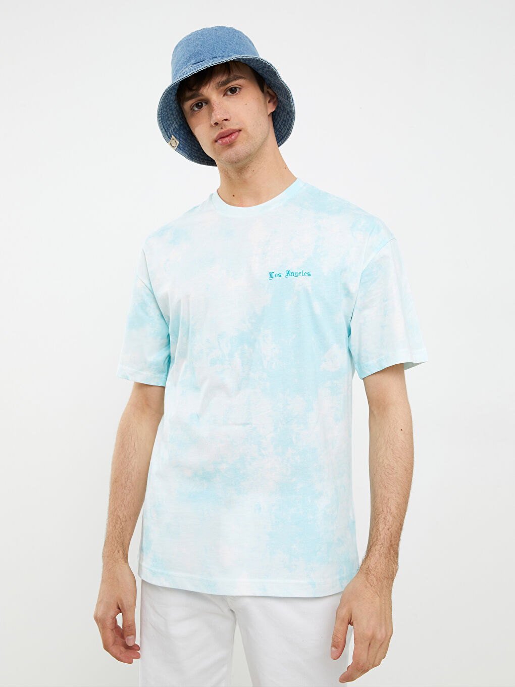 Turkuaz Oversize Bisiklet Yaka Kısa Kollu Nakışlı Erkek Tişört-3