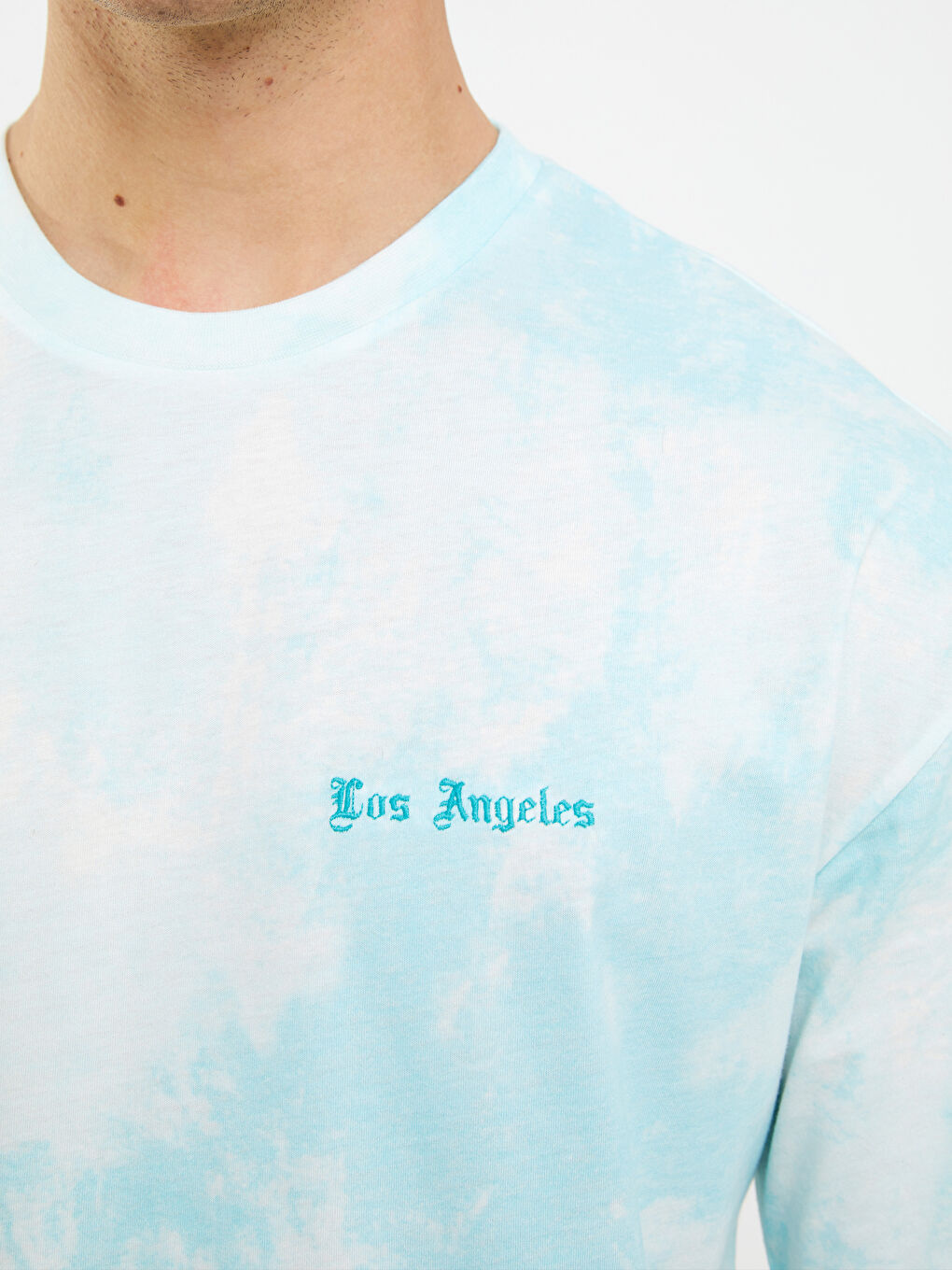 Turkuaz Oversize Bisiklet Yaka Kısa Kollu Nakışlı Erkek Tişört-5