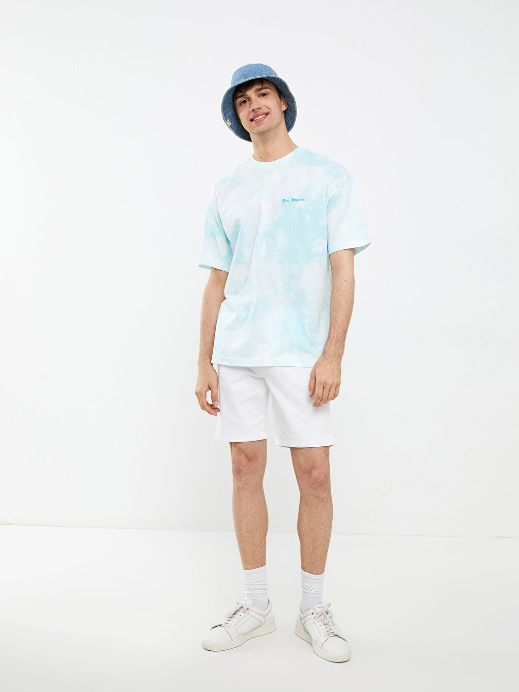 Turkuaz Oversize Bisiklet Yaka Kısa Kollu Nakışlı Erkek Tişört-7