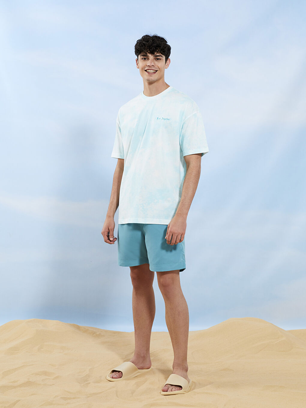 Turkuaz Oversize Bisiklet Yaka Kısa Kollu Nakışlı Erkek Tişört-4