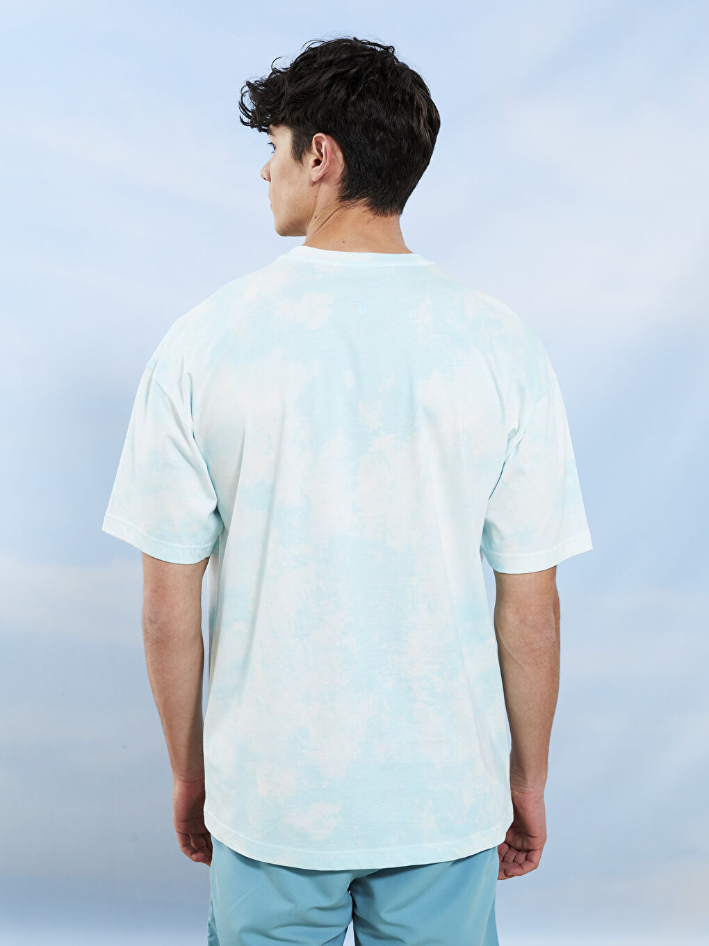 Turkuaz Oversize Bisiklet Yaka Kısa Kollu Nakışlı Erkek Tişört-8