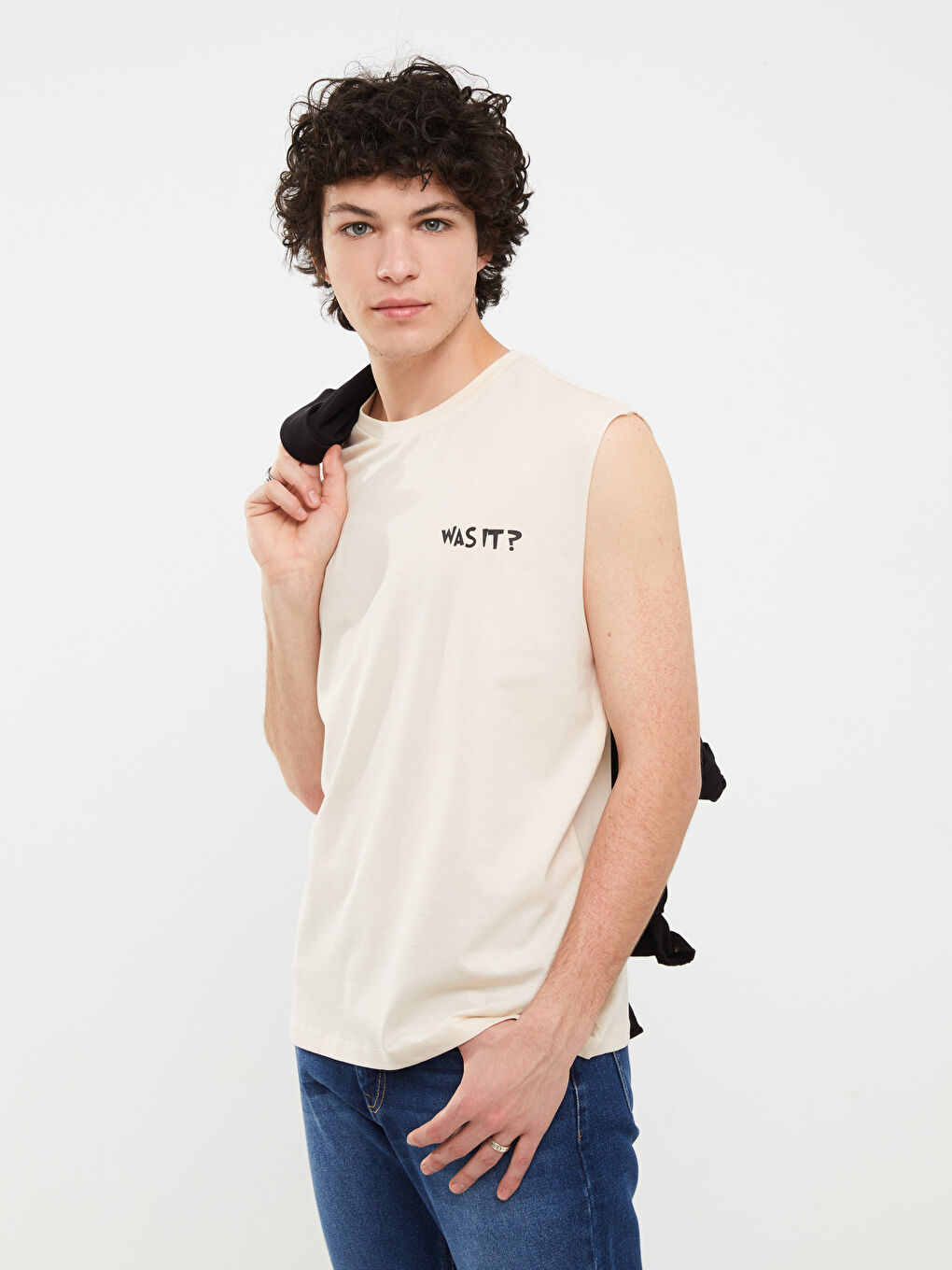 Bej Bisiklet Yaka Baskılı Erkek Kolsuz Tişört