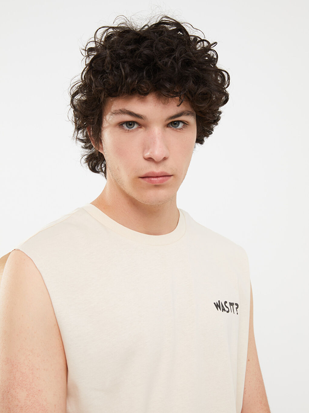 Bej Bisiklet Yaka Baskılı Erkek Kolsuz Tişört-2