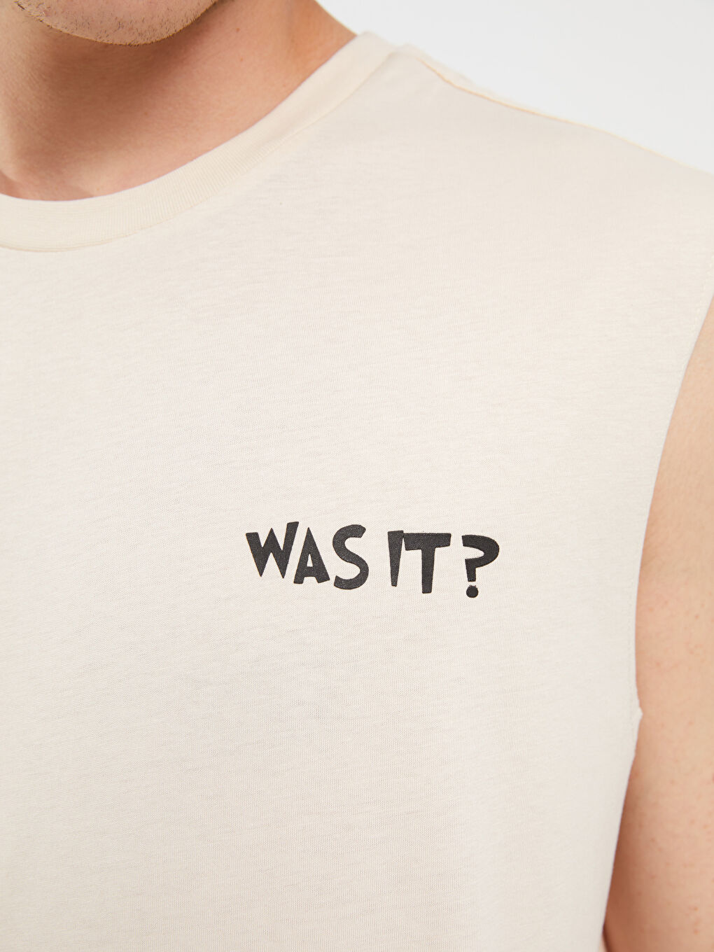 Bej Bisiklet Yaka Baskılı Erkek Kolsuz Tişört-3