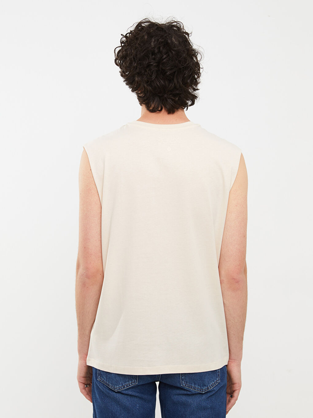 Bej Bisiklet Yaka Baskılı Erkek Kolsuz Tişört-4