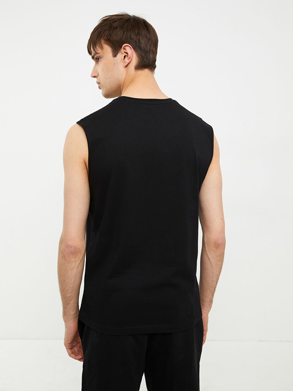 Siyah Bisiklet Yaka Baskılı Penye Erkek Kolsuz Tişört-3