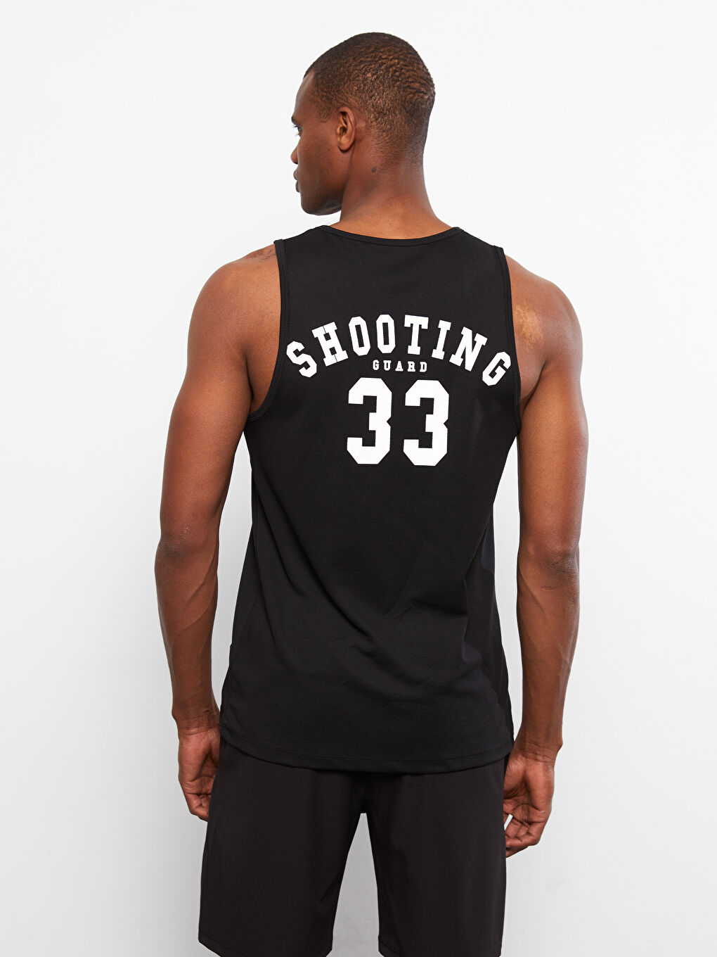 Siyah Bisiklet Yaka Baskılı Erkek Kolsuz Tişört-4