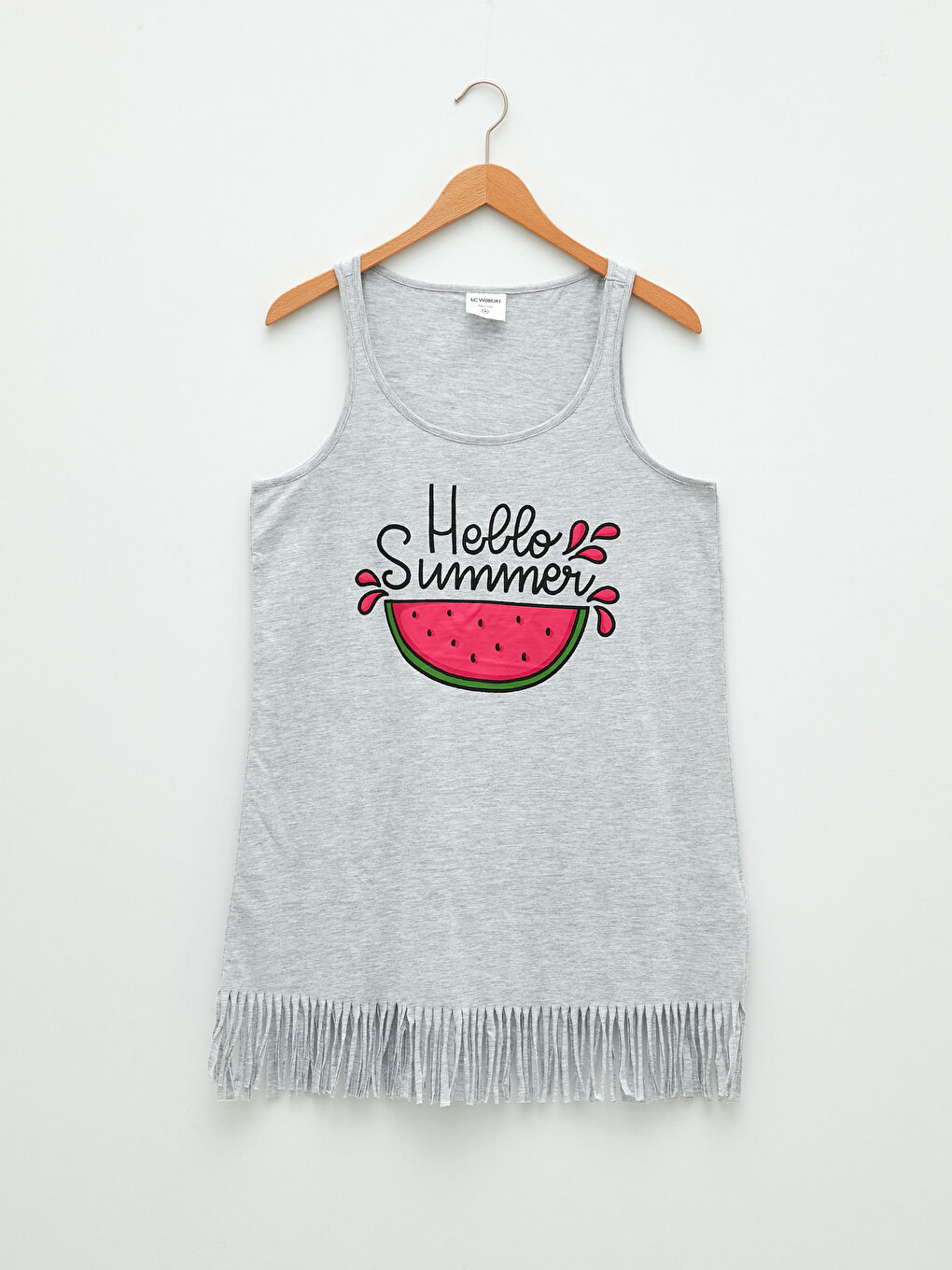 Gri U Yaka Askılı Yazı Baskılı Pamuklu Kadın Plaj Elbisesi-5