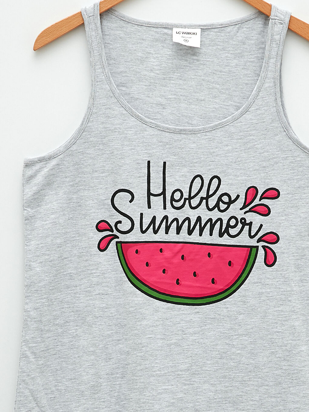 Gri U Yaka Askılı Yazı Baskılı Pamuklu Kadın Plaj Elbisesi-7