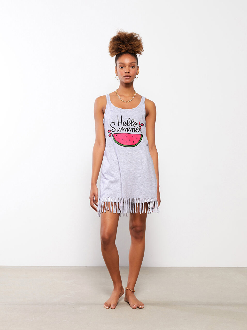 Gri U Yaka Askılı Yazı Baskılı Pamuklu Kadın Plaj Elbisesi-1