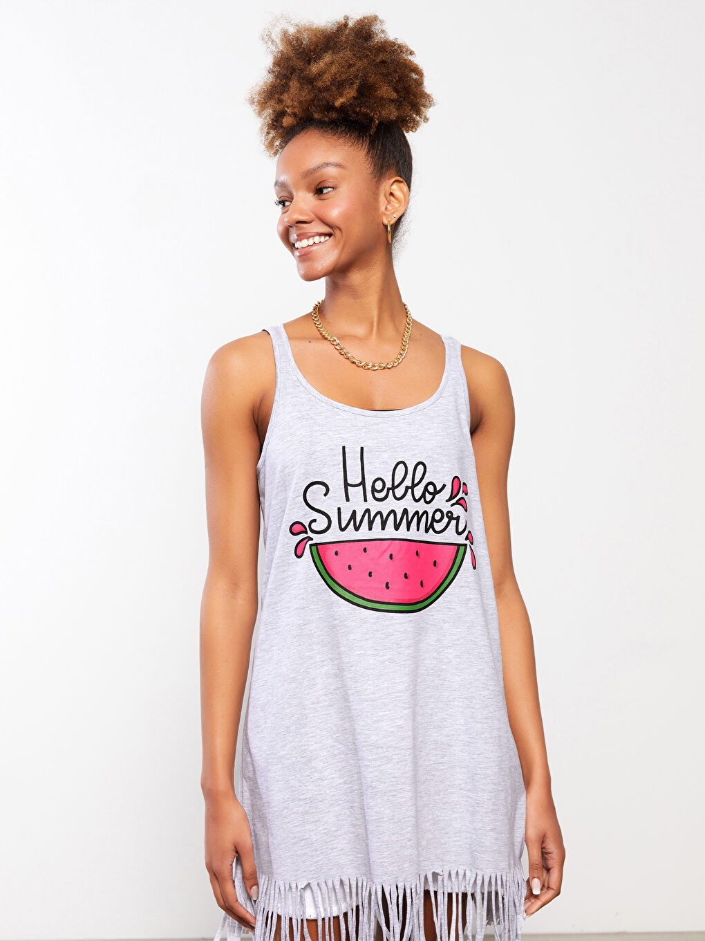 Gri U Yaka Askılı Yazı Baskılı Pamuklu Kadın Plaj Elbisesi-2