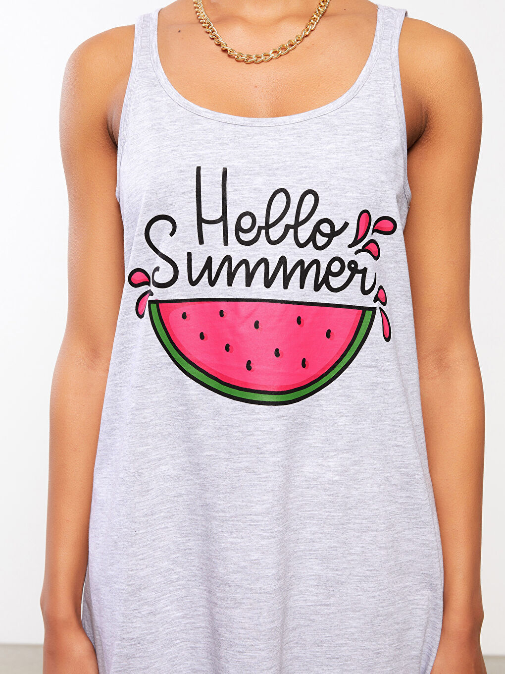 Gri U Yaka Askılı Yazı Baskılı Pamuklu Kadın Plaj Elbisesi-3