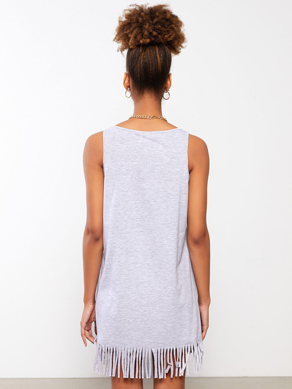 Gri U Yaka Askılı Yazı Baskılı Pamuklu Kadın Plaj Elbisesi-4