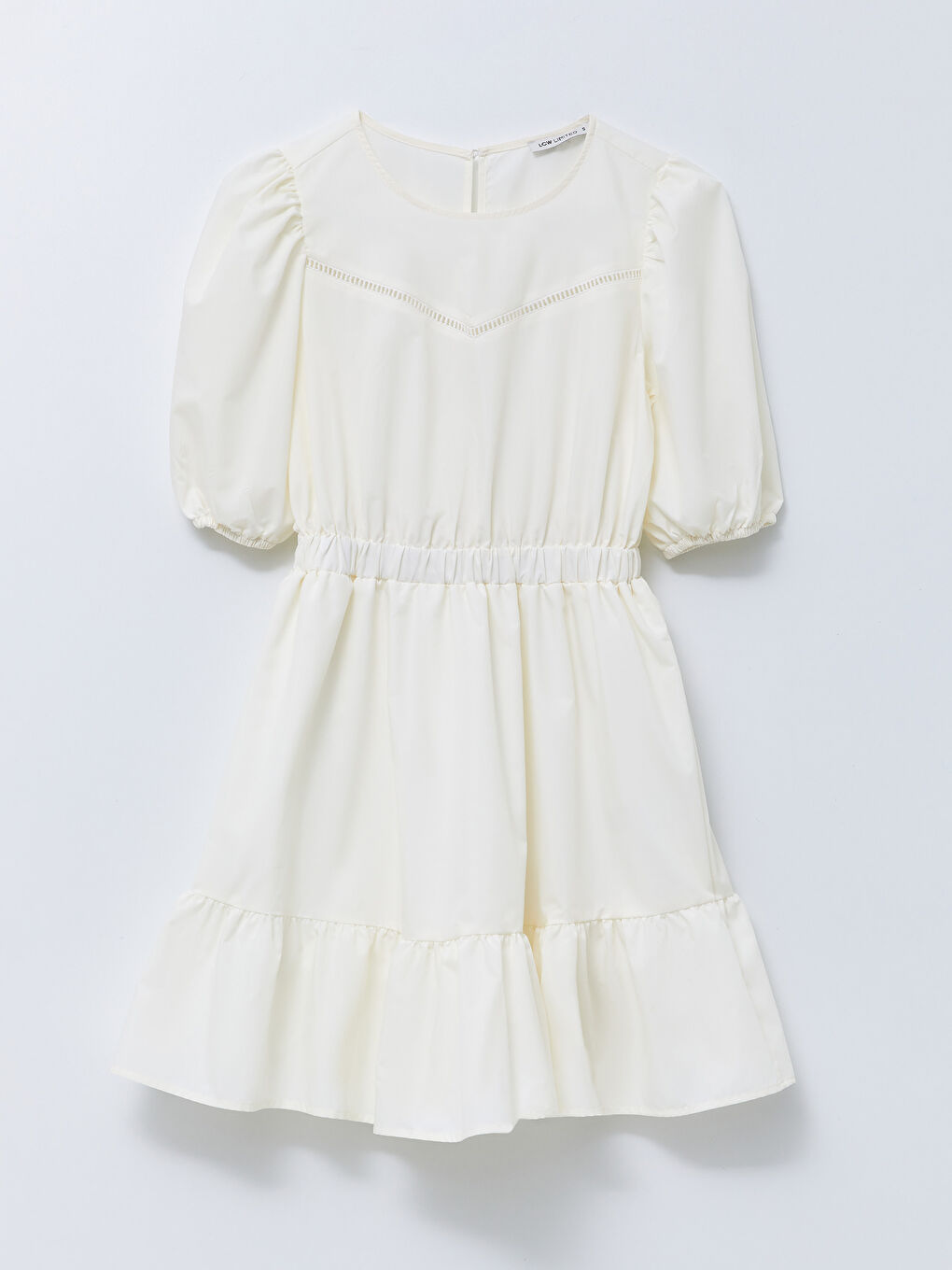 Ekru Bisiklet Yaka Nakışlı Kısa Kollu Kadın Elbise-6