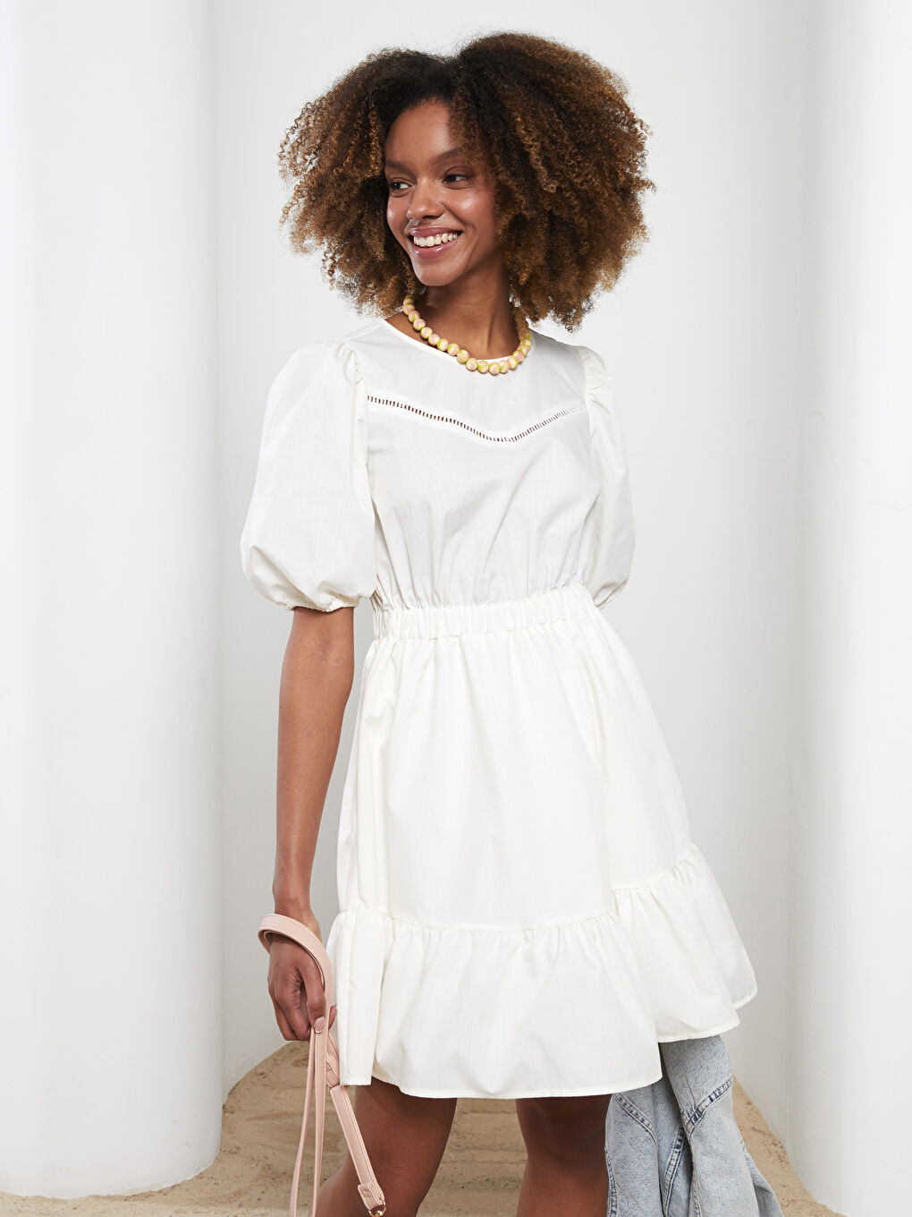 Ekru Bisiklet Yaka Nakışlı Kısa Kollu Kadın Elbise-2