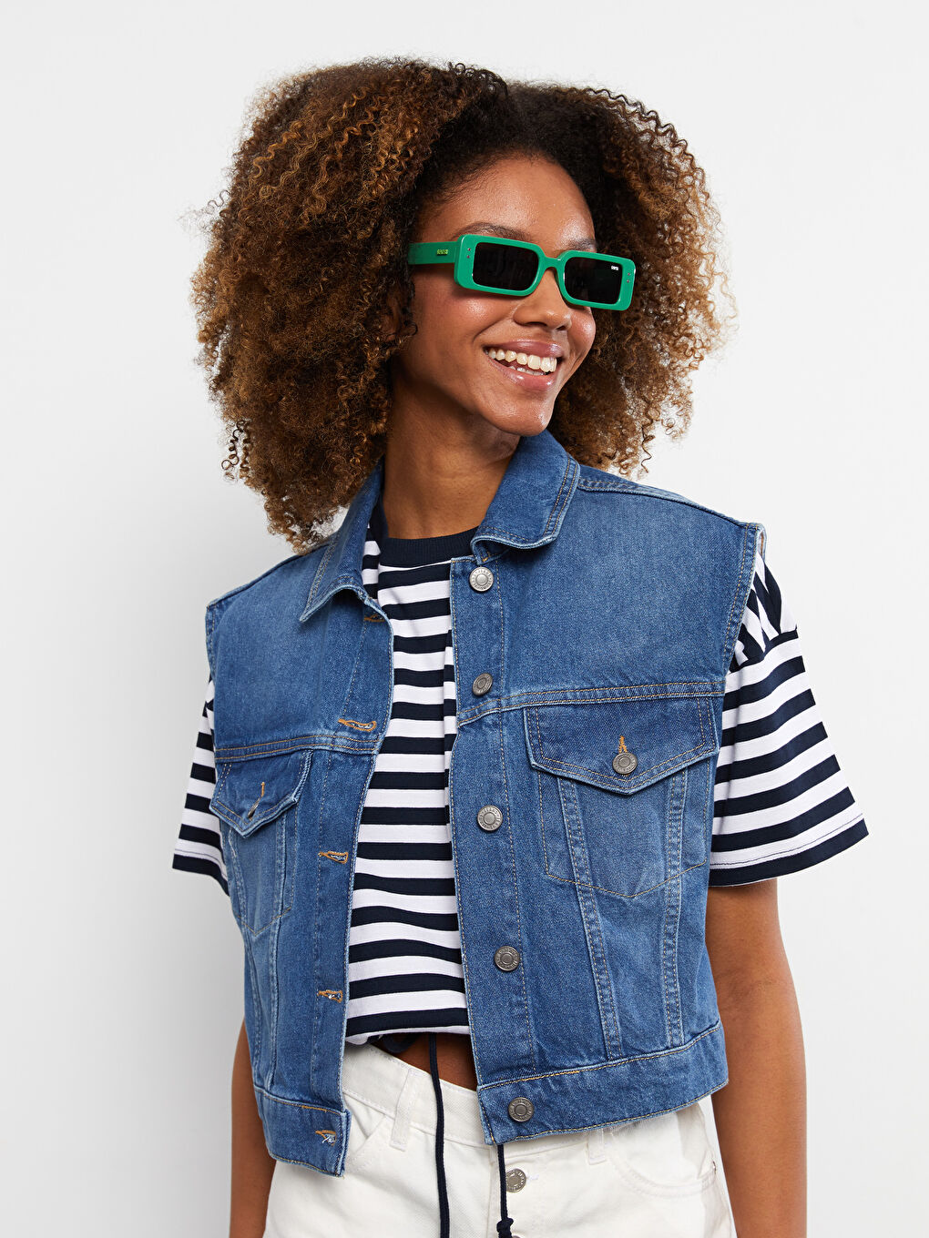 Women Shirt Collar Plain Sustainable Jean Vest-3