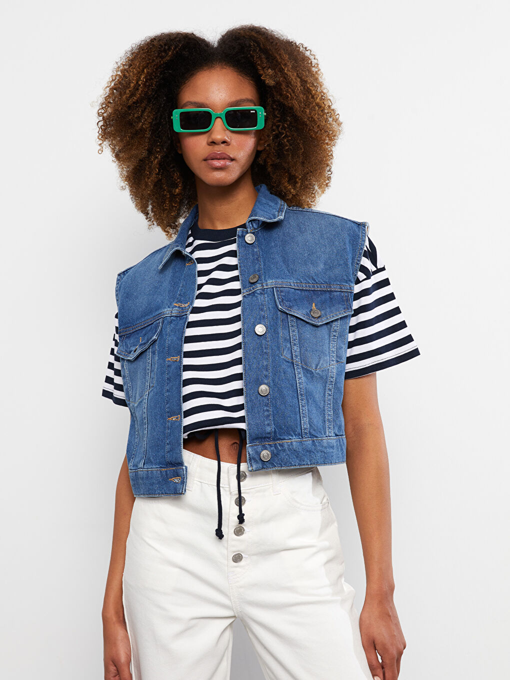 Women Shirt Collar Plain Sustainable Jean Vest-2