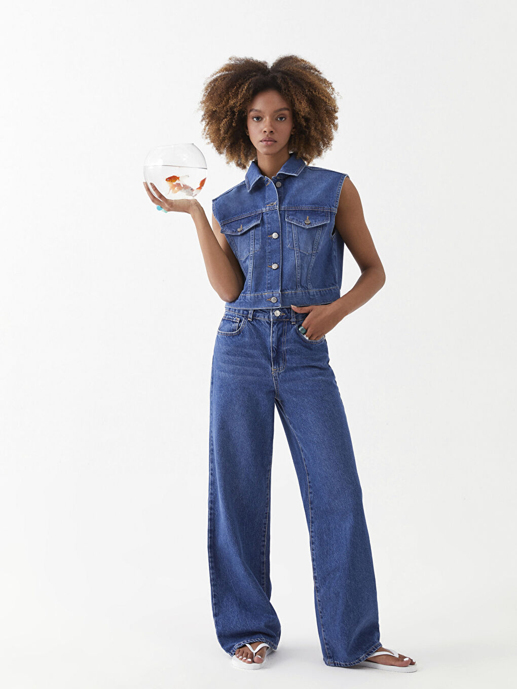 İndigo Wideleg Cep Detaylı Kadın Sürdürülebilir Jean Pantolon-1