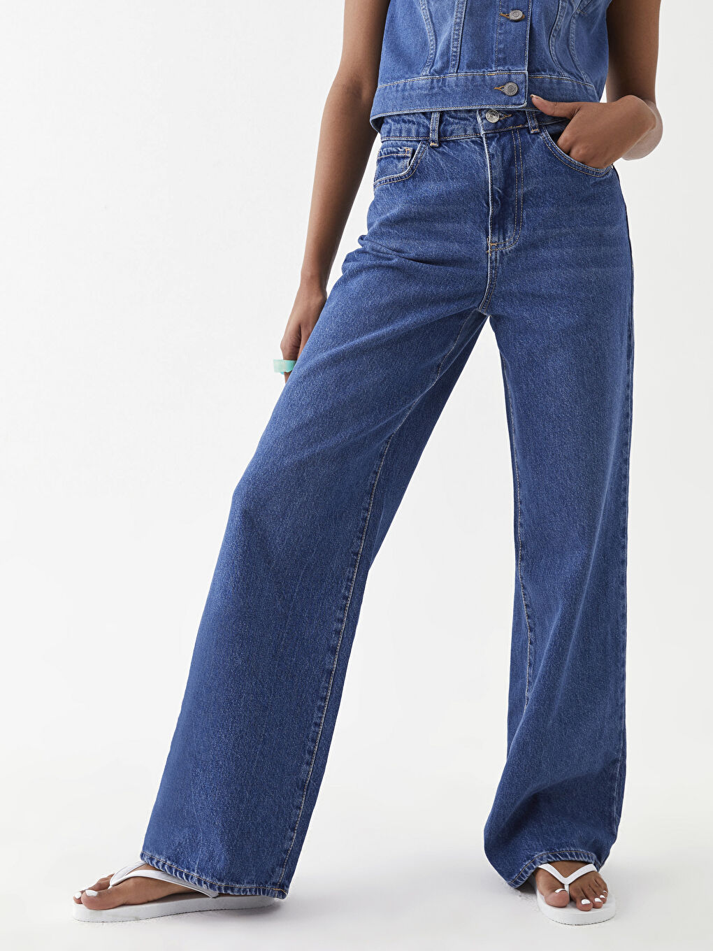 İndigo Wideleg Cep Detaylı Kadın Sürdürülebilir Jean Pantolon-7