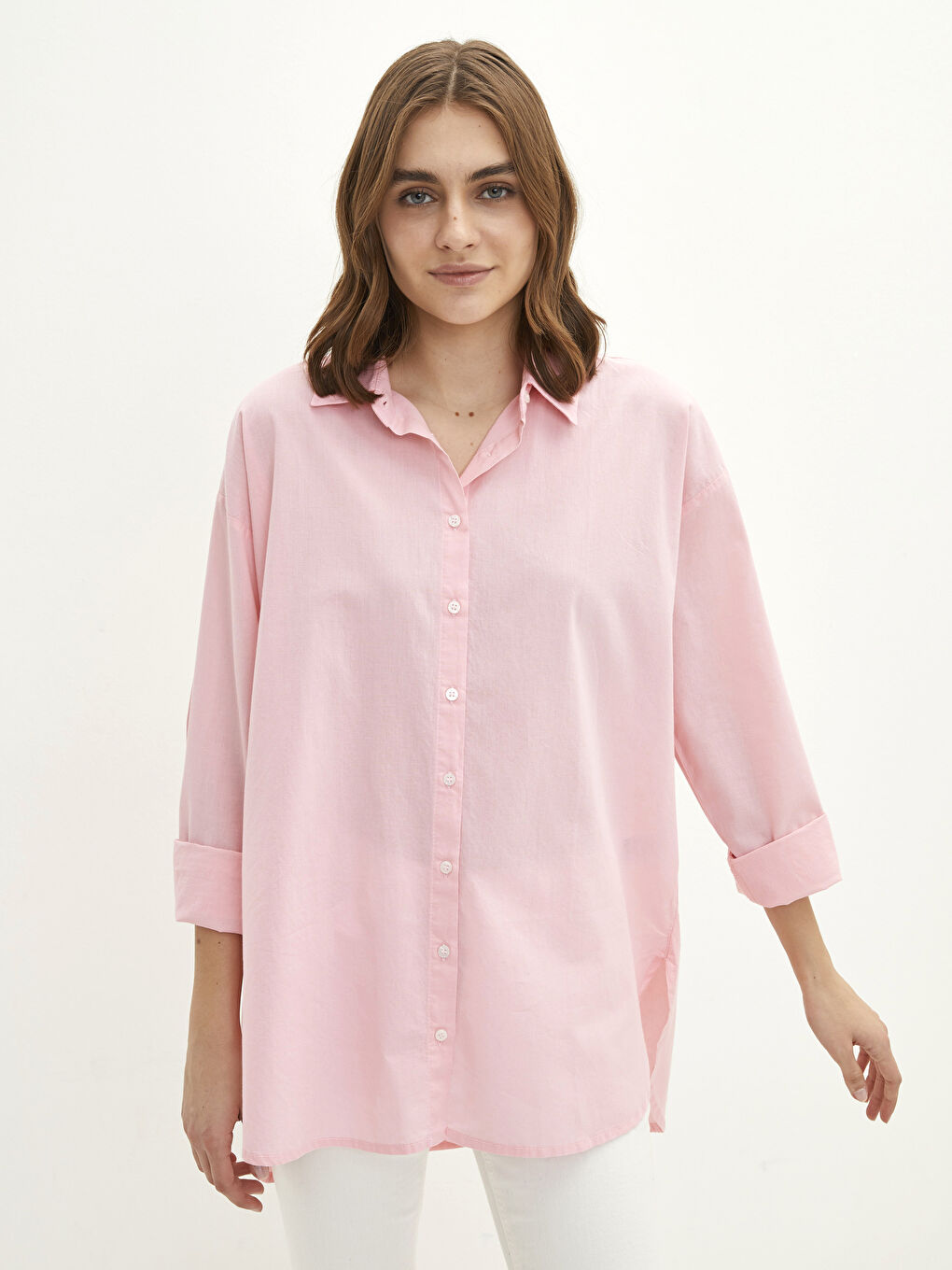 Pembe Önden Düğme Kapamalı Düz Uzun Kollu Poplin Kadın Gömlek