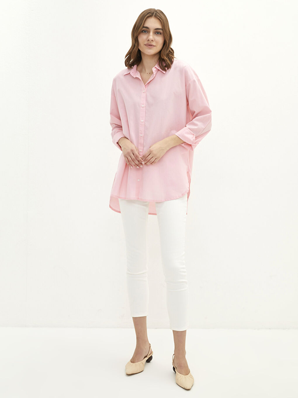 Pembe Önden Düğme Kapamalı Düz Uzun Kollu Poplin Kadın Gömlek-1